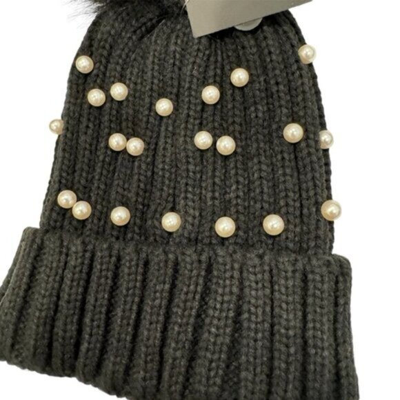 NWT Marcus Adler Black Knit Faux Pearl And Beaded Beanie Hat